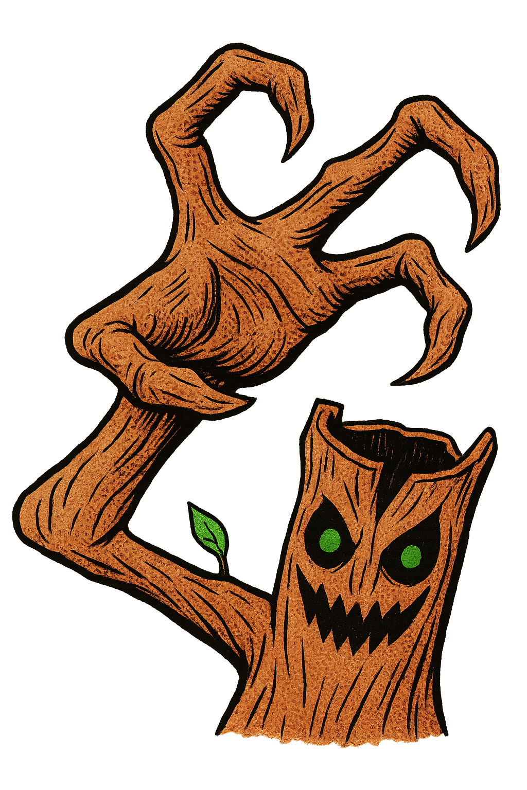 A branchy claw reaches in from the left.